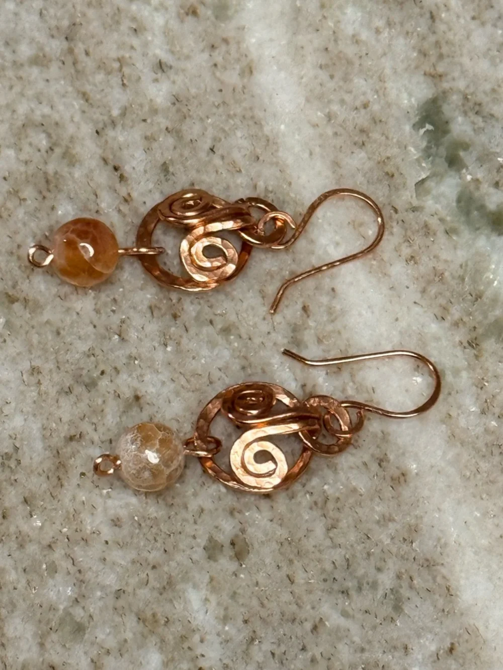 Fire Agate Hammered Copper Dangle Earrings